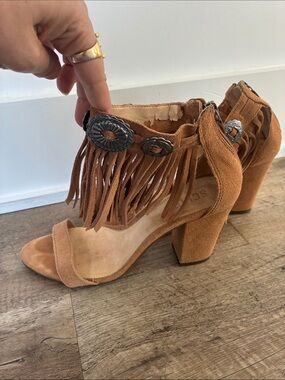 SCHUTZ Tan Suede Fringe Block Heel Sandals with Concho Accents Size 35